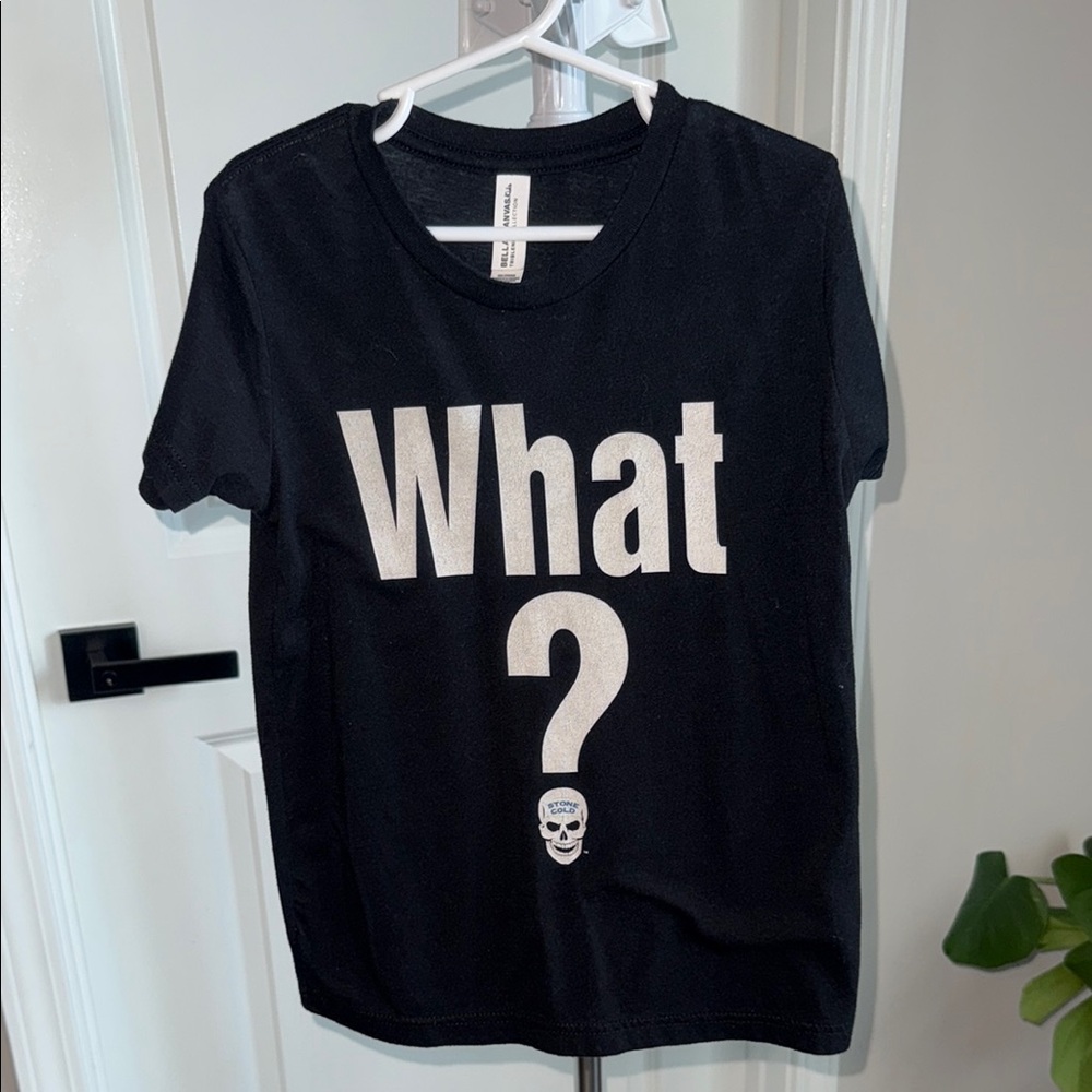 WWE Stone Cole Black 'What?' Graphic Tee with Skull kids size 6-8